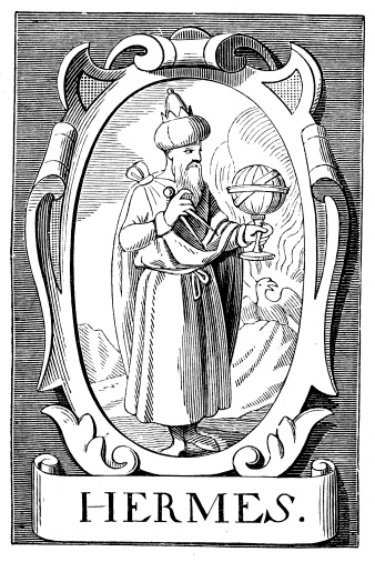 Portrait of the Alchemist Hermes Trismegistus, after an engraving by Vriese. Hermes Trismegistus is the purported author of the Hermetic Corpus, a series of sacred texts that are the basis of Hermeticism.