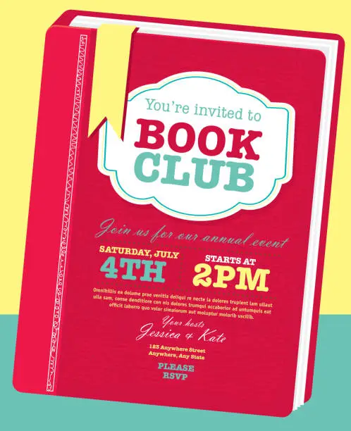 Vector illustration of Book club event invitation design template pink turquoise and red