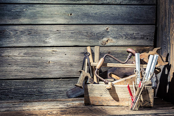 istock Wooden vintage carpenter drawing desk 466054938