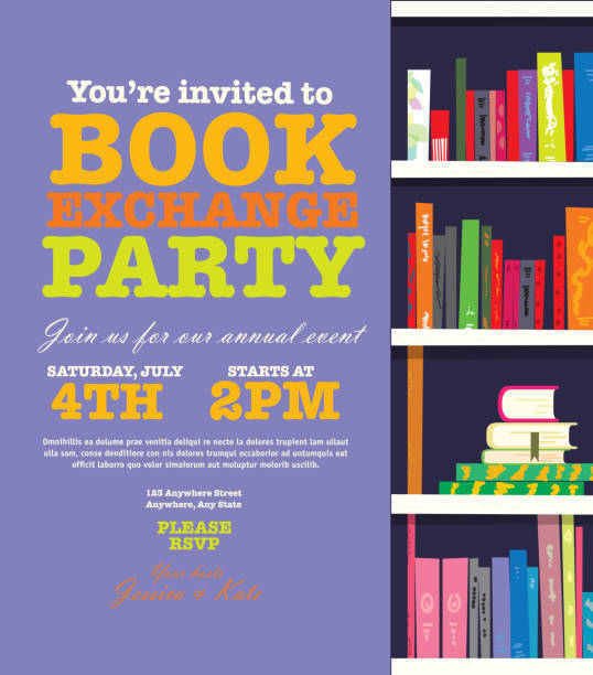 Book worm exchange event invitation design template Bookworm event exchange invitation design template. Includes open book and sample text design. Ideal for party, gathering or celebration book signing event. Vector illustration.  book club stock illustrations