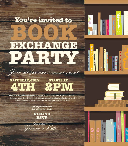 Book party exchange event invitation design template with book shelves Bookworm exchange invitation design template. Includes open book and sample text design. Ideal for party, gathering or celebration book signing event. Vector illustration.  book club stock illustrations