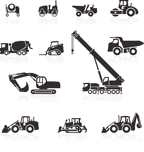 Construction vehicle icons Construction vehicle icons. Includes cement mixers, compactors, dumper truck, dump truck, fork lift, crane truck, excavators, back hoe loader and wheel loading shovels. Layered & grouped for ease of use. Download includes EPS 8, EPS 10 and high resolution JPEG & PNG files. mobile crane stock illustrations