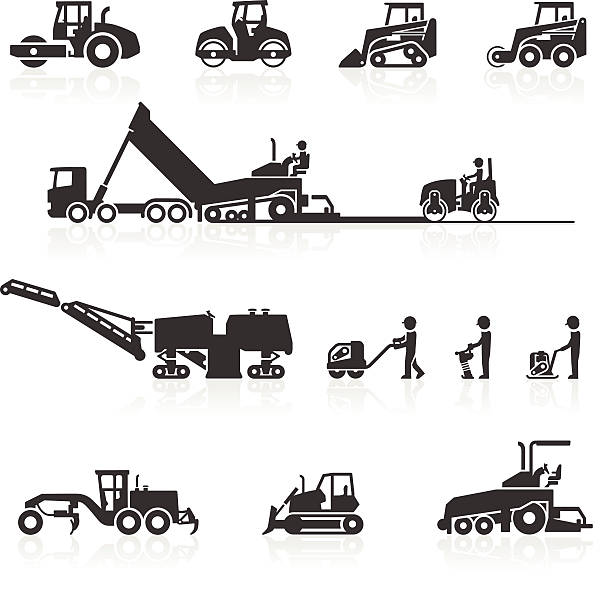 ilustraciones, imágenes clip art, dibujos animados e iconos de stock de se estarán realizando tareas de renovación y que precedió de maquinaria y construcción iconos - construction machinery machine industrial equipment grader