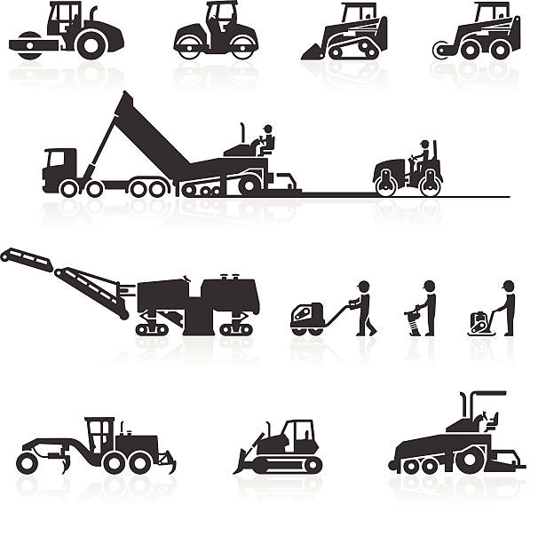ilustrações, clipart, desenhos animados e ícones de construção, maquinaria e pavimentação surfacing ícones - construction machinery machine industrial equipment grader