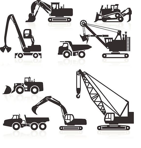 strapazierfähige konstruktion fahrzeuge symbole - construction equipment large construction crane stock-grafiken, -clipart, -cartoons und -symbole