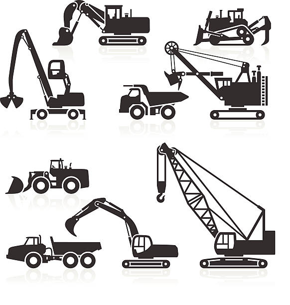 Heavy duty construction vehicles icons Heavy duty construction vehicles icons. Includes large bulldozer, dumper truck, dragline, electric rope shovel, excavators, excavators, mining shovels, material handlers, clamshell bucket grab, crawler crane, mining trucks, and wheel loaders. Layered & grouped for ease of use. Download includes EPS 8, EPS 10 and high resolution JPEG & PNG files. construction truck bulldozer wheel stock illustrations