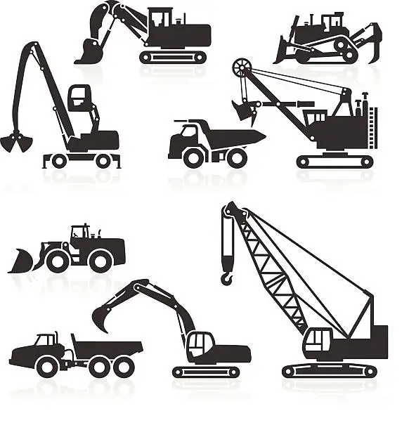 Vector illustration of Heavy duty construction vehicles icons