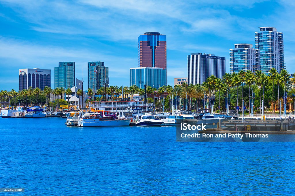 Skyscrapers of Long Beach skyline,harbor,boats,clouds,California Rainbow Harbor at Long Beach Marina with city skyline, California Long Beach - California Stock Photo