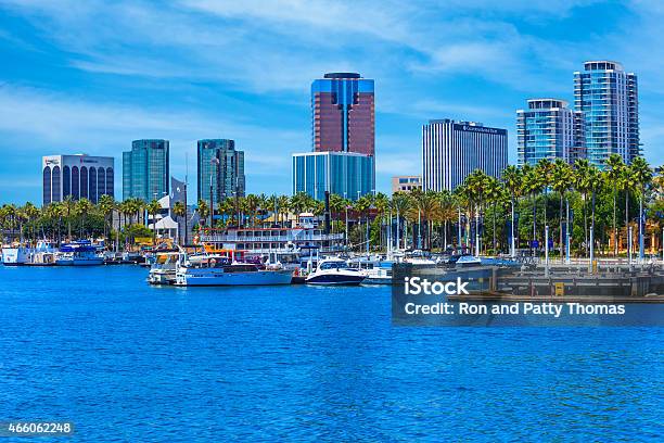 Skyscrapers Of Long Beach Skyline Harbor Boats Clouds California Stock Photo - Download Image Now