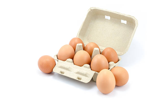 ovos em um papel cinza caixa em fundo branco - cholesterol ellipse shell box - fotografias e filmes do acervo