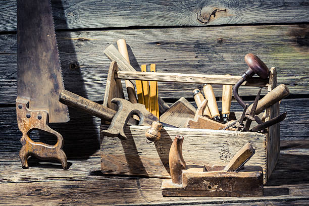 istock Vintage carpenter tools in a wooden box 466063158