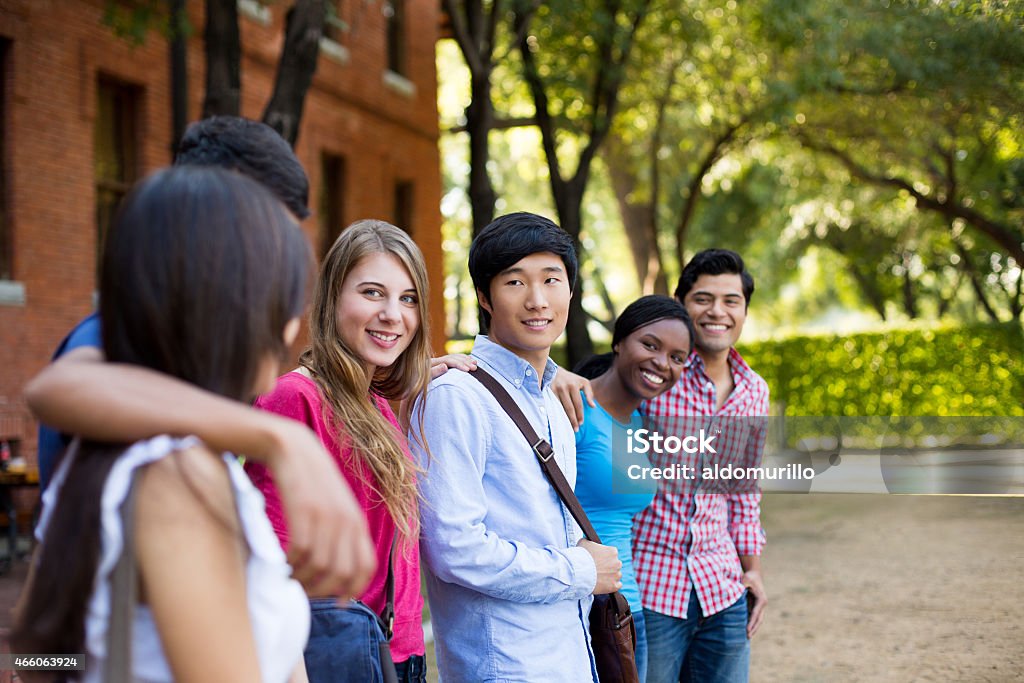 College students Happy college students in university campus 18-19 Years Stock Photo