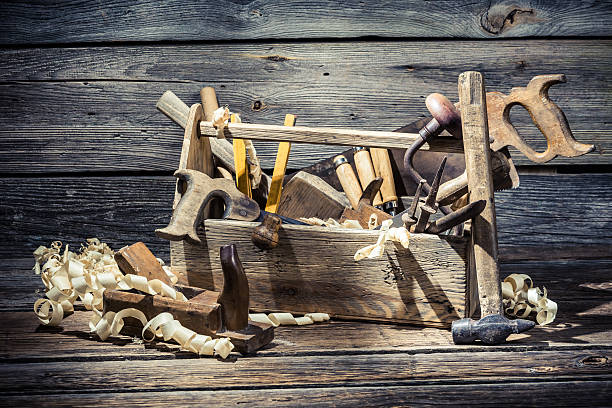 istock Old wooden joinery tool box 466066832