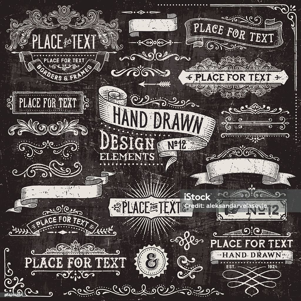 Chalkboard Banners,Badges and Frames Hand drawn set of ornate badges,frames,banners and design elements on chalkboard texture. EPS 10 file with transparencies.File is layered with global colors.Texture can be removed.More works like this linked below. Chalkboard - Visual Aid stock vector