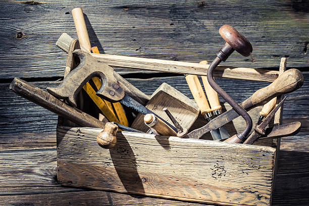 istock Old wooden carpenters box with tools 466067084