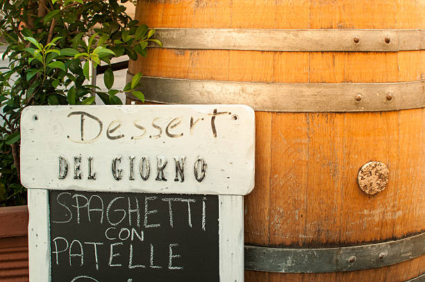 istock Wine barrel with menu board - Dessert of the Day 466067413