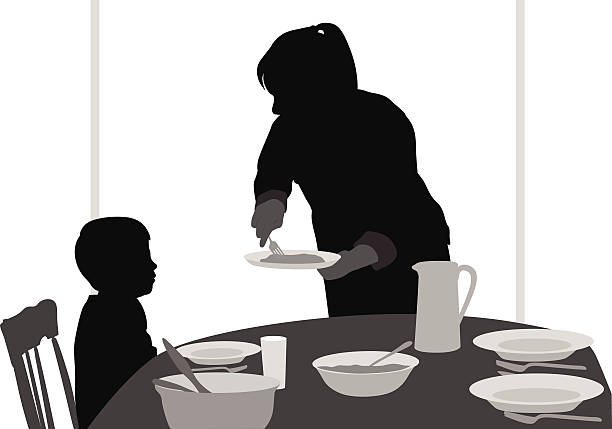 MomServing A young mom serves dinner to her young son. lunch silhouettes stock illustrations