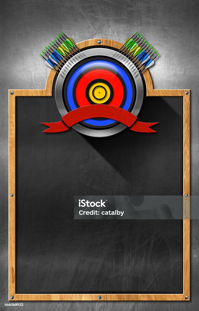 Blackboard for Archery Empty blackboard with wooden frame and metallic archery symbol. Template for archery sport 2015 Stock Photo