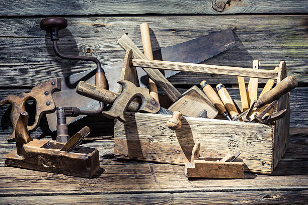 istock Wooden carpenters box with tools 466068998