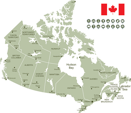 Detailed map of Canada with navigation icons. 