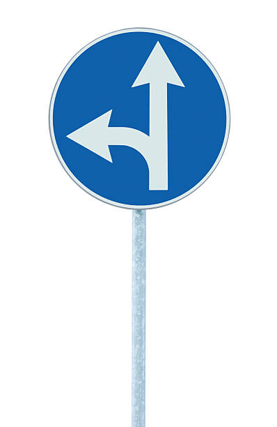 istock Mandatory straight left turn ahead, traffic lane route direction sign 466073031