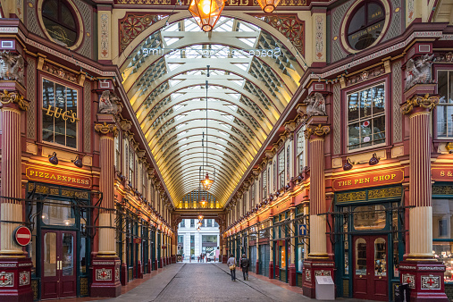 London, UK - October 19, 2014 : Interior of the Victorian roofed Leadenhall Market in the City of London.