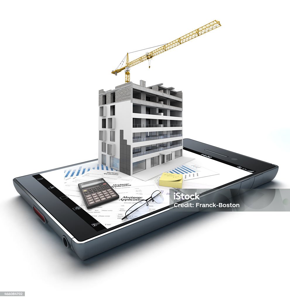 Home purchase app 3D rendering of a smart phone with an apartment block in construction, on top of graphics and a mortgage application form jutting out Construction Site Stock Photo