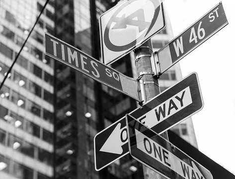 Times Square signs & W 46 st New York daylight US