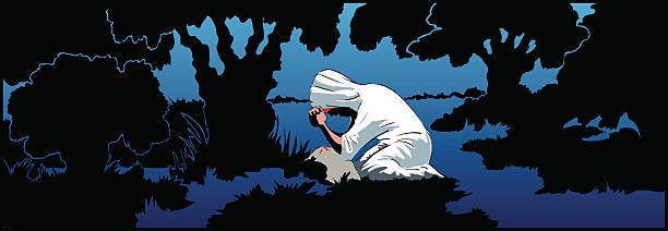 Christ praying to God,while drops of blood rolling down. Jesus Christ praying to God on his kneels and pleading with his Father, while big drops of blood rolling down from his forehead. garden of gethsemane stock illustrations