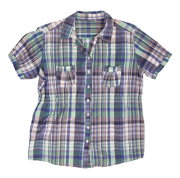 istock Woman's blue cotton plaid shirt with short sleeves 466089590