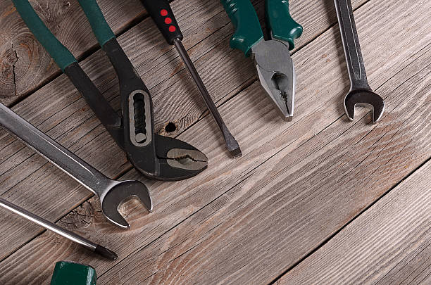istock Tools for repair wooden background 466091006