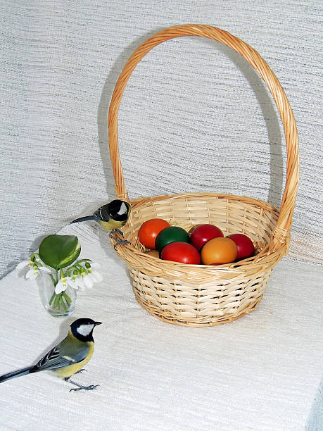 cesta con coloridos huevos de pascuas, snowdrops y dos titmice - chirrup fotografías e imágenes de stock