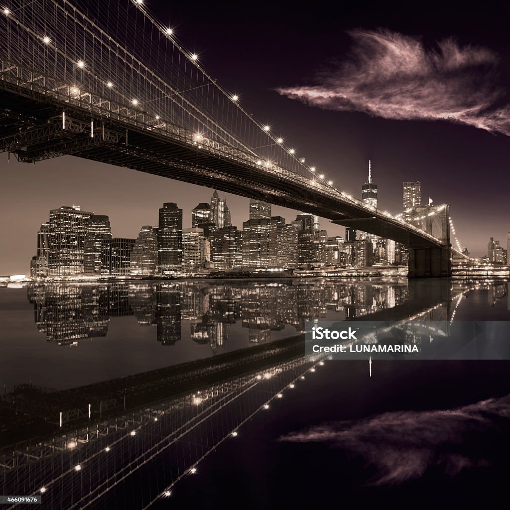 Brooklyn Bridge sunset New York Manhattan Brooklyn Bridge sunset New York Manhattan skyline NY NYC USA 2015 Stock Photo