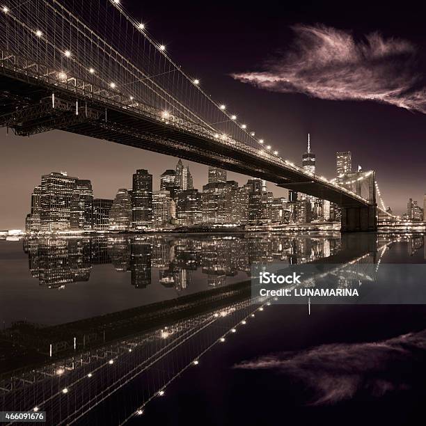 Brooklyn Bridge Sunset New York Manhattan Stock Photo - Download Image Now - 2015, Architecture, Bay of Water