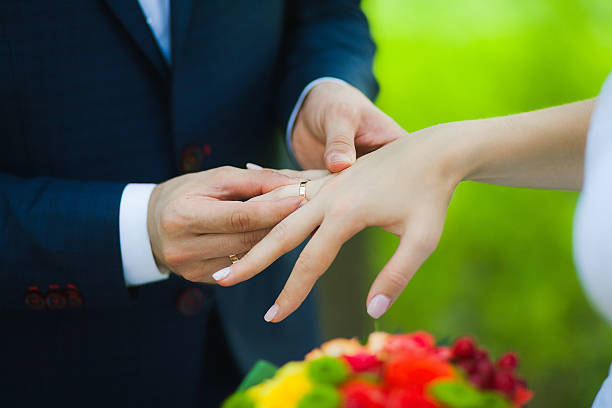 istock Close-up of groom putting the ring on his bride 466093202