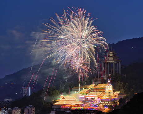 Kek Lok Si with fireworks display during the Chinese New Year celebration 2015