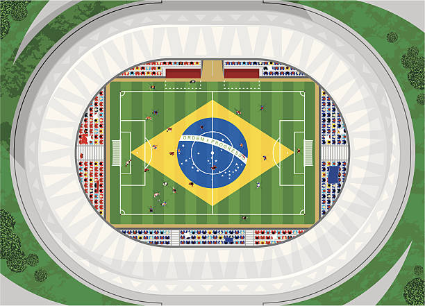 Brazilian Football Stadium Soccer stadium Brazil flag with a game in progress. football2014 stock illustrations