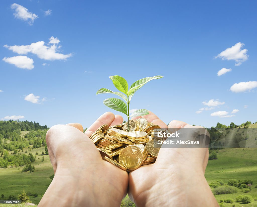 Zwei Händen halten Münzen und neue plant - Lizenzfrei Grün Stock-Foto