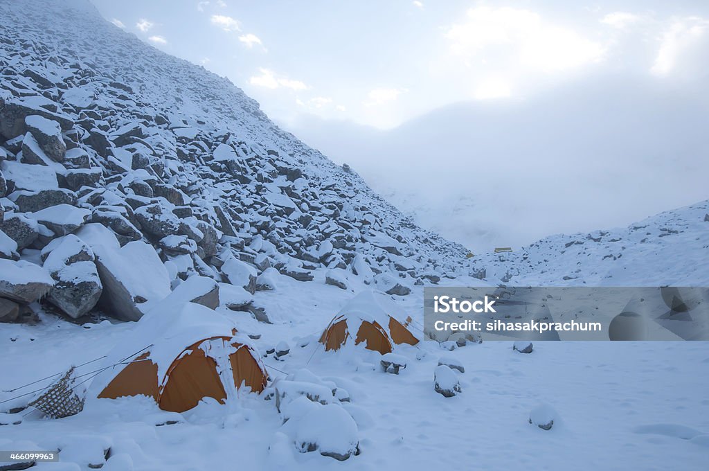 Island Peak (Imja Tse) base camp, Nepal Snowy over tents in Himalaya Island Peak base camp Khumbu Nepal. Asia Stock Photo