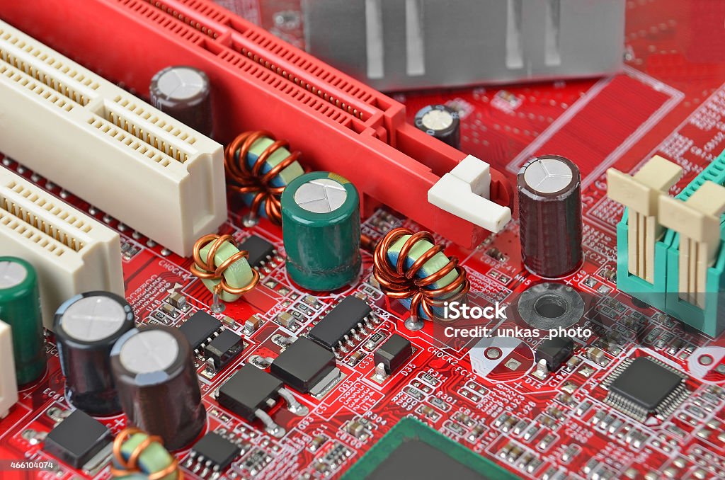 Computer motherboard, DOF Printed computer motherboard with microcircuit, close up, DOF 2015 Stock Photo