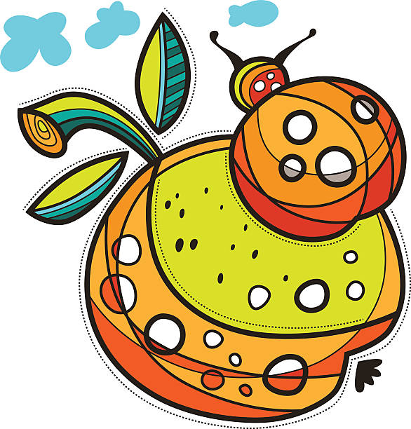 Ladybird sitting on an apple and clouds vector art illustration