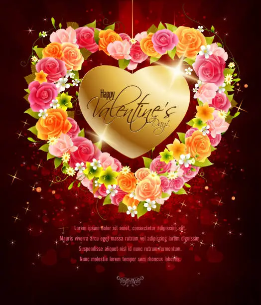 Vector illustration of Valentine Heart with Gold and Flowers