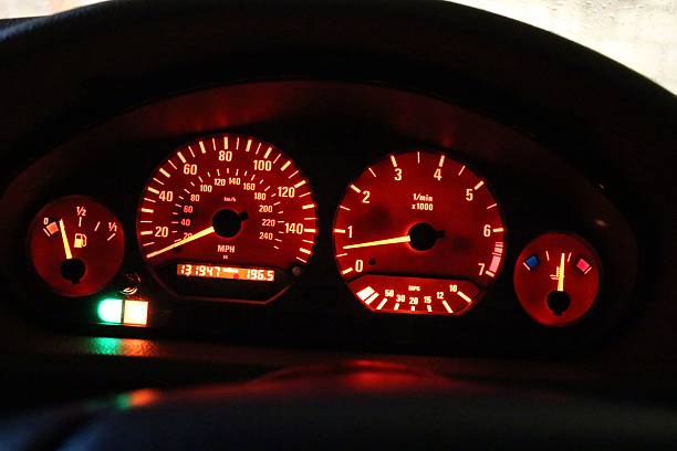 istock Speedometer, tachometer gauges and control lights at night 466106134