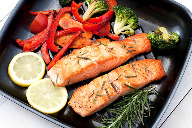 istock Salmon fillet on grill pan ready to cook 466120212