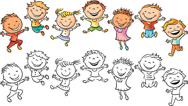 ilustraciones, imágenes clip art, dibujos animados e iconos de stock de feliz los niños riendo y paracaidismo con alegría - friends laughing