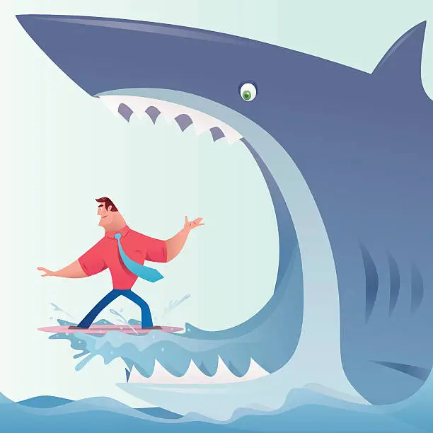 Vector illustration of shark eating surfer businessman