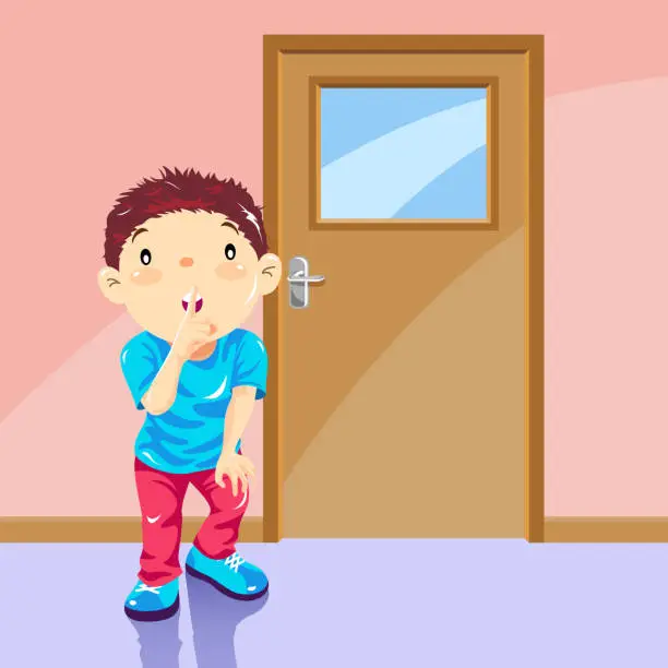 Vector illustration of Boy Showing Keep Quiet Gesture in Front of the Door