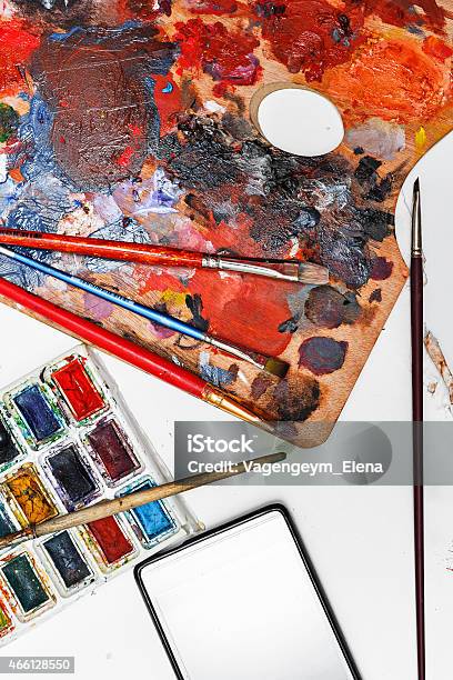 Brush And Watercolor Paint Cell Phone On Paper Stock Photo - Download Image Now - 2015, Art, Art And Craft