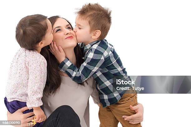 Little Girl And Boy Kissing Their Mother Stock Photo - Download Image Now - 2015, Adult, Baby - Human Age