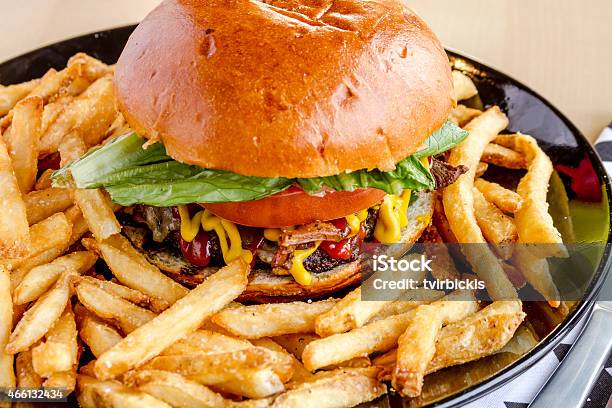 Gourmet Pub Hamburger And Fries Stock Photo - Download Image Now - 2015, Appetizer, Beef